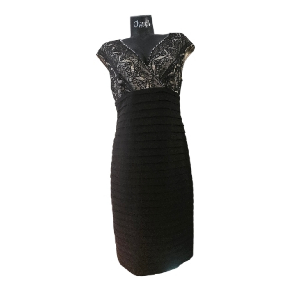 GILANI Elegant Black Midi Dress. Lace Overlay Top, Tiered Ruffled Skirt.
